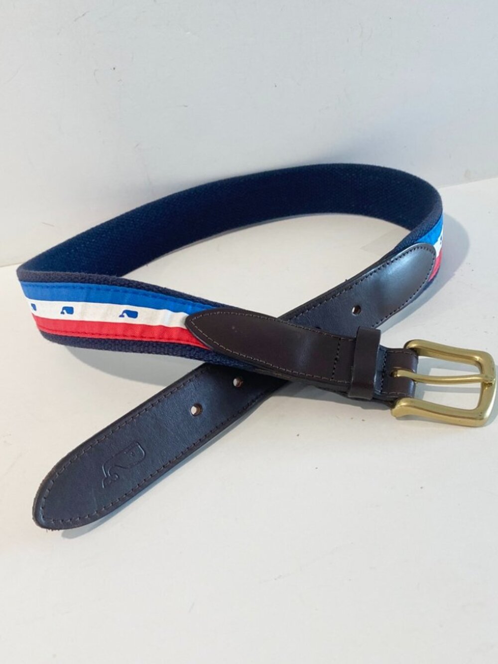Vineyard Vines Mens Belt Brown Leather Navy Webbing Whales Red White Blue 30 USA